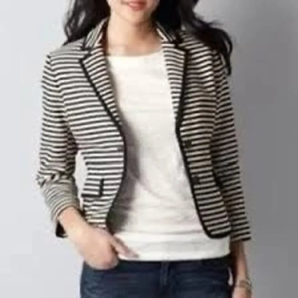 Loft Size 4 Double Button Stripe Corded Blazer Jacket Navy Cream Nautical Preppy